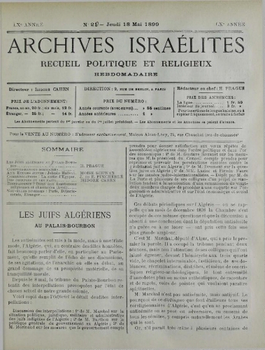 Archives israélites de France. Vol.60 N°20 (18 mai 1899)